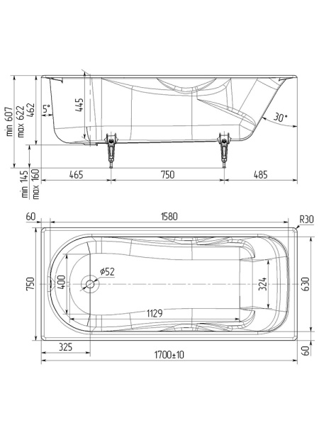 Чугунная ванна Wotte Comfort 170 x 75 см, (Comfort 1700x750UR), белая
