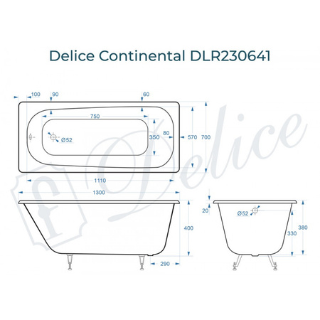 Ванна чугунная (130х70) Delice Continental DLR230641 без ножек и антискользящего покрытия