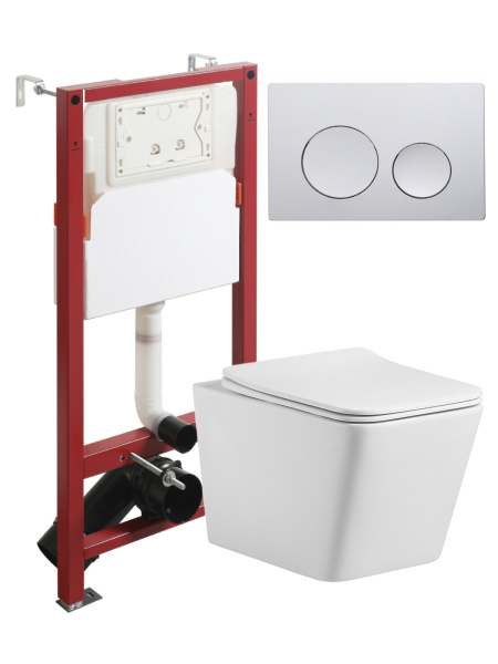 Комплект унитаза с инсталляцией безободковый  Agger ATI10150+APB100 кнопка смыва хром