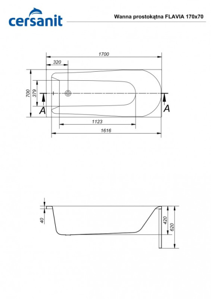 Ванна акриловая прямоугольная Cersanit FLAVIA 170x70 P-WP-FLAVIA*170NL