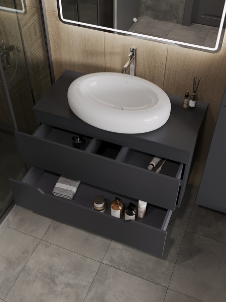 Тумба с раковиной подвесная 100 см, Orange Line Li-100TugMDF+B08-640W  графит/белый