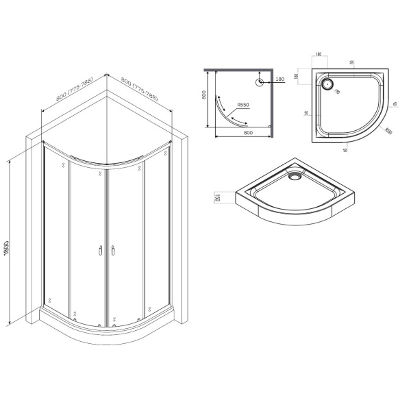 Душевой уголок с поддоном (80х80) Am.Pm X-Joy Twin Slide W88E-205-080MT