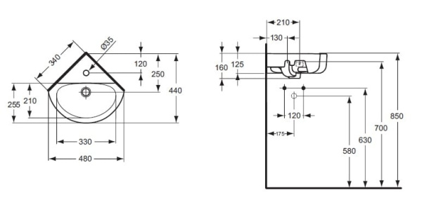 Раковина угловая подвесная Ideal Standard Connect Space Arc E793101 (48x44)