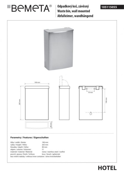 Настенная мусорная козина 3л Bemeta Hotel 105115055