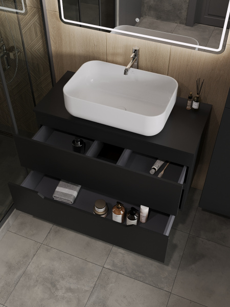 Тумба с раковиной подвесная 100 см, Orange Line Li-100TubMDF+B03-600W черный/белый