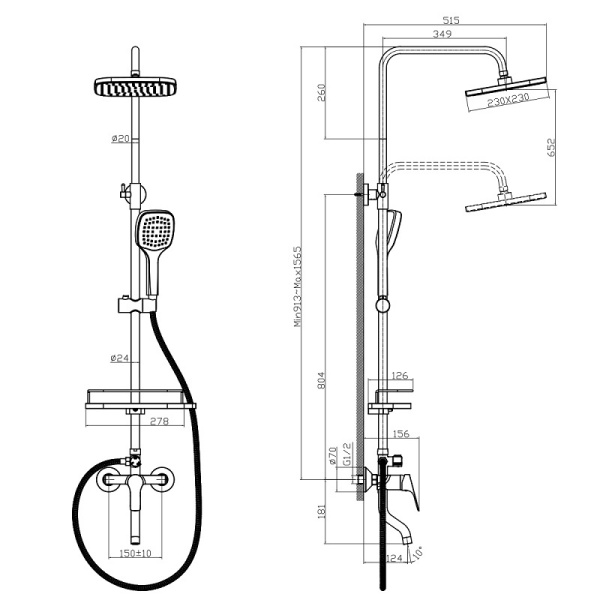 Смеситель Rossinka RS29 для ванны и душа с регулируемой высотой штанги, поворотным изливом и лейкой (RS29-46)