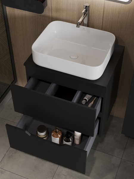 Тумба с раковиной подвесная 60 см, Orange Line Li-60TubMDF+B05-500W черный/белый