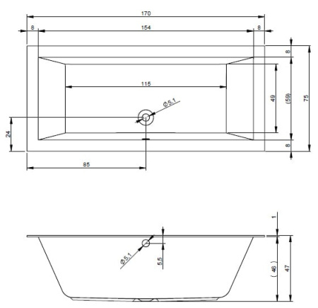 Акриловая ванна с тонким бортом Riho LUGO (170x75) B132001005 без гидромассажа