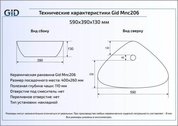 Раковина накладная (59х39) Gid Mnc206
