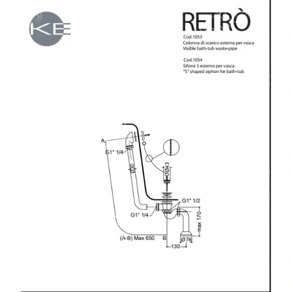 Ванна из литьевого мрамора (170х77) Kerasan Retro 105590 белый, ножки хром