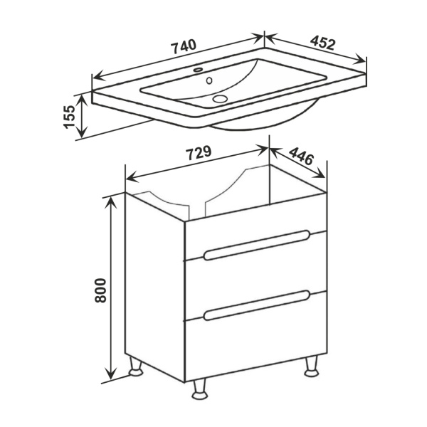 Тумба под раковину Runo напольная 2 ящика Парма 75 (00000001141)