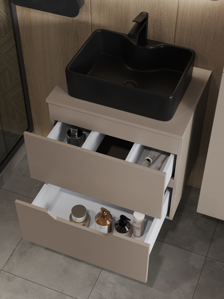 Тумба с раковиной подвесная 60 см, Orange Line Li-60TuLMDF+B01-475MB латте/черный