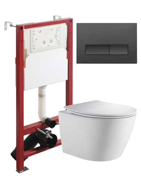 Комплект унитаза с инсталляцией безободковый Orange CI07-150W+APB244 кнопка смыва черный