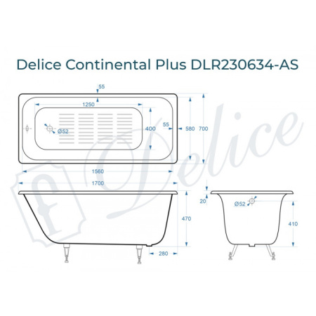 Ванна чугунная (170х70) Delice Continental PLUS DLR230634-AS с антискользящим покрытием