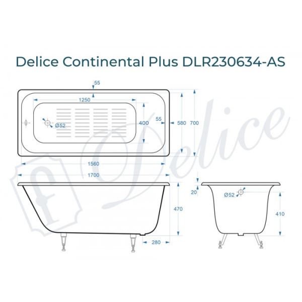 Ванна чугунная (170х70) Delice Continental PLUS DLR230634-AS с антискользящим покрытием Ванна чугунная (170х70) Delice Continental PLUS DLR230634-AS с антискользящим покрытием