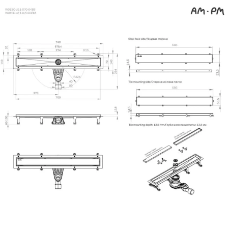 Душевой лоток с решеткой под плитку 70 см Am.Pm MasterFlow W01SC-U11-070-04SB хром матовый