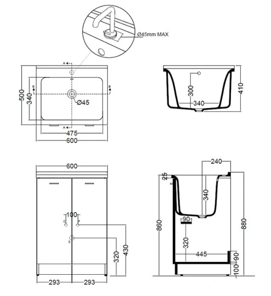Комплект для постирочной с сифоном Kerasan Aquadom 9166K3N*0 белый матовый, без отверстия под смеситель 