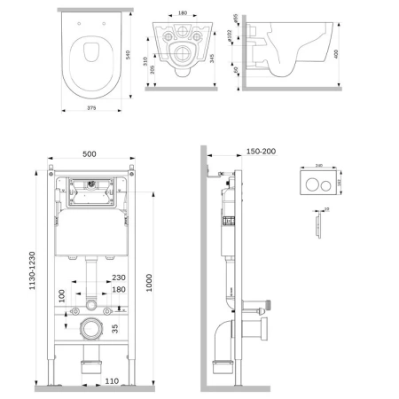Комплект унитаза с инсталляцией Am.Pm Sense FlashClean IS90138.8F1701 с сиденьем микролифт, кнопка черный матовый