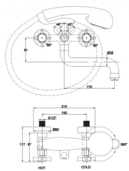 Смеситель для ванны с душем KAISER Cross (41022-1)