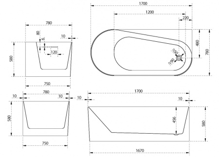 Акриловая ванна (170х78) ABBER AB9496-1.7 R без гидромассажа, белый
