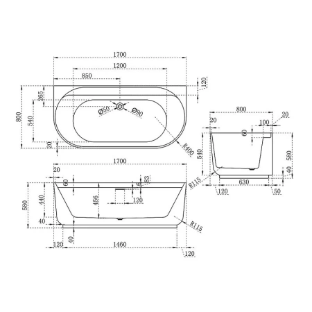 Ванна акриловая Vincea (170х80) VBT-621B белый