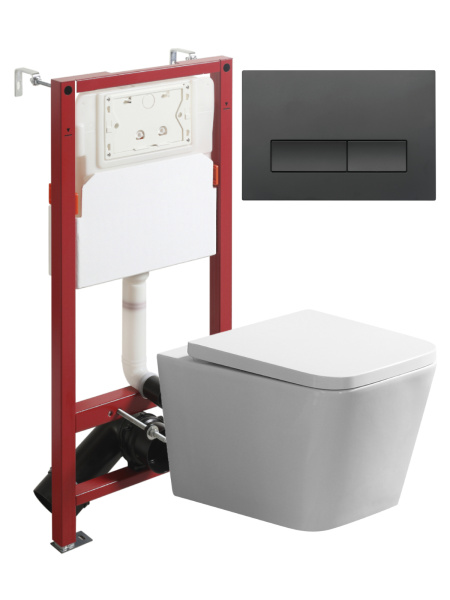 Комплект унитаза с инсталляцией безободковый Agger ATI11150+APB244 кнопка смыва черный