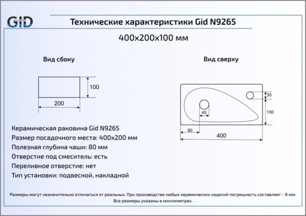 Раковина подвесная (40х20) Gid N9265