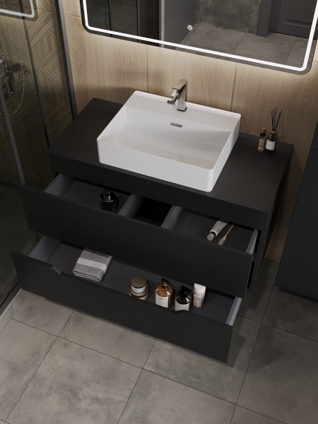 Тумба с раковиной подвесная 100 см, Orange Line Li-100TubMDF+B04-500W черный/белый