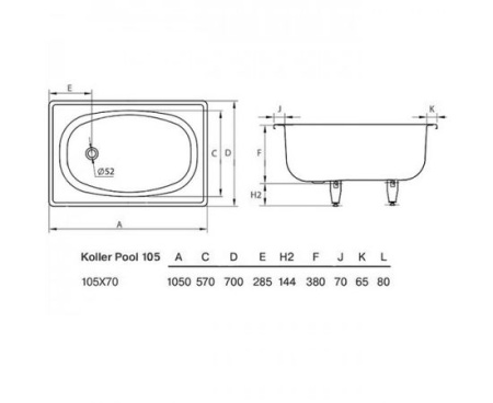 Прямоугольная стальная ванна (105X70) KOLLER POOL B15E1200E