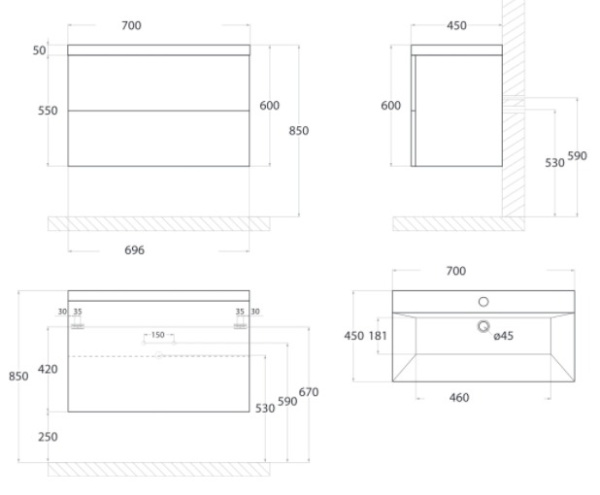 База под раковину подвесная Art&Max AM-Verona-Push-700-2C-SO-GP-TS гаскон пайн