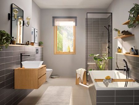 Смеситель для раковины с донным клапаном CoolStart EcoSmart+ Hansgrohe Rebris E 72591670 черный матовый