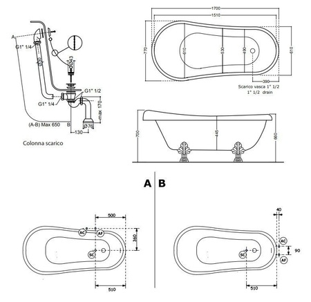 Ванна из литьевого мрамора (170х77) Kerasan Retro 105590 белый, ножки хром