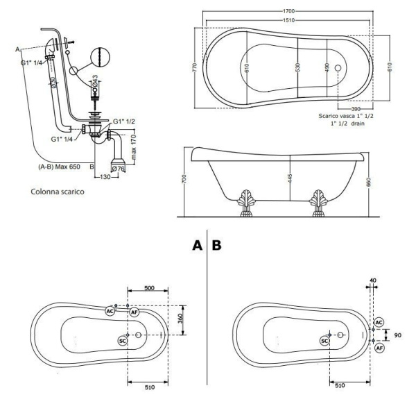 Ванна из литьевого мрамора (170х77) Kerasan Retro 105590 белый, ножки хром