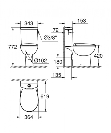 Унитаз напольный безободковый Grohe Bau Ceramic, горизонтальный выпуск 39495 000 (39495000)
