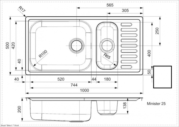 Мойка кухонная Reginox Minister R25 (1000х500) Lux реверсивная 44073
