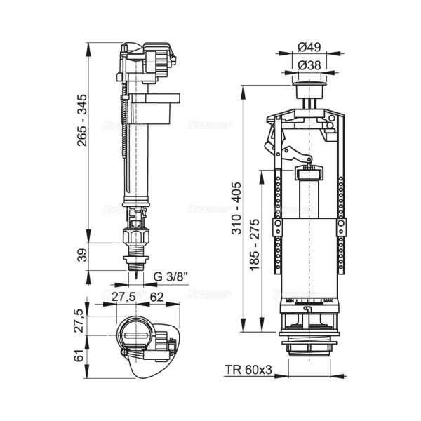 Выпускной комплект со стоп кнопкой AlcaPlast SA2000SK 3/8" CHROM