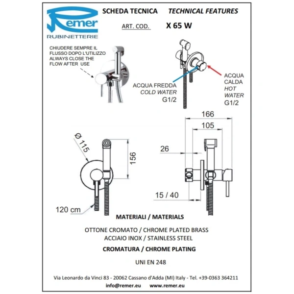 Гигиенический набор Remer X Style X65W со смесителем, хром
