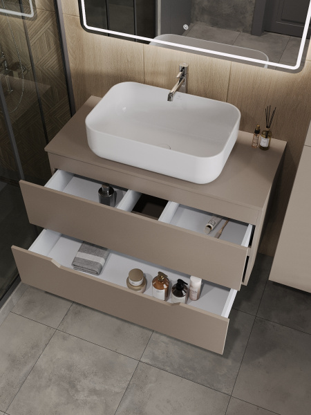 Тумба с раковиной подвесная 100 см, Orange Line Li-100TuLMDF+B03-600W латте/белый