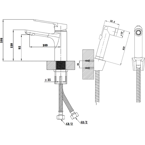 Смеситель с гигиеническим душем  ESKO SINGAPORE  black (SB 27H)