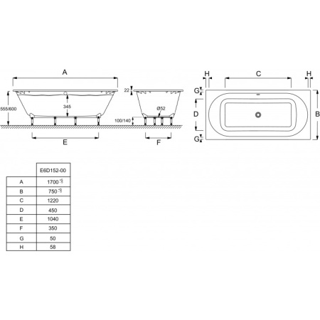 Ванна из литьевого мрамора (170x75) Jacob Delafon Odeon Rive Gauche E6D152-00