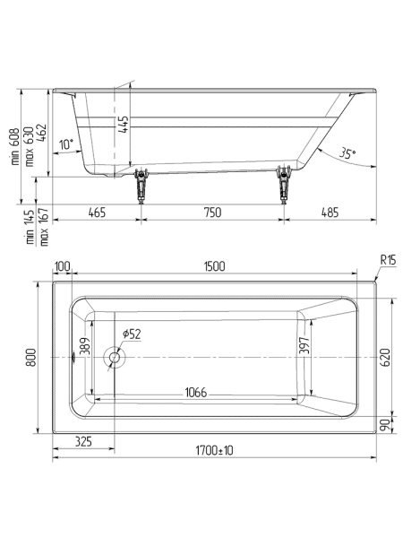 Чугунная ванна Wotte Line 170 x 70 см, (Line 1700x800), белая
