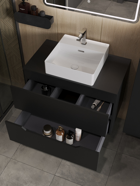 Тумба с раковиной подвесная 80 см, Orange Line Li-80TubMDF+B04-405W черный/белый