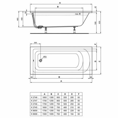 Прямоугольная ванна (150х70) Ideal Standard HOTLINE K865801