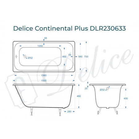 Ванна чугунная (150х70) Delice Continental PLUS DLR230633 без ножек, гладкое дно