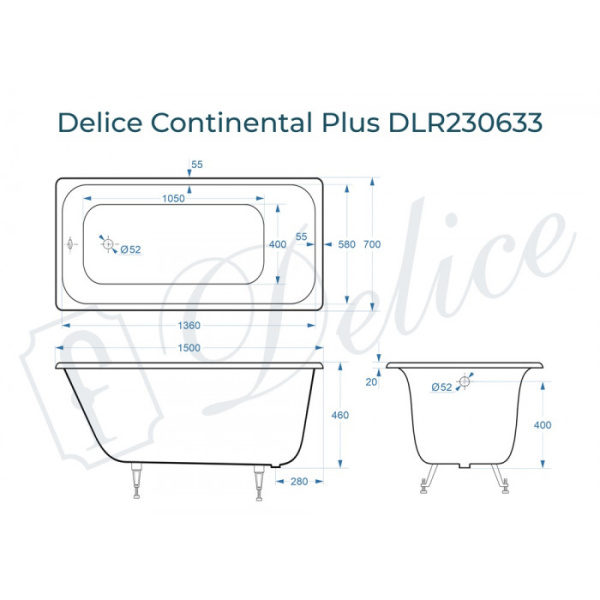Ванна чугунная (150х70) Delice Continental PLUS DLR230633 без ножек, гладкое дно Ванна чугунная (150х70) Delice Continental PLUS DLR230633 без ножек, гладкое дно