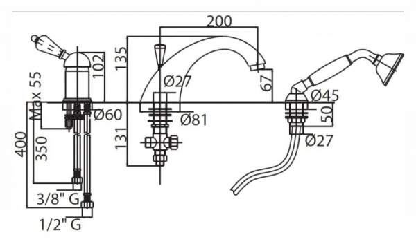Смеситель на борт ванны Cezares Vintage VINTAGE-BVDM-03/24-NM