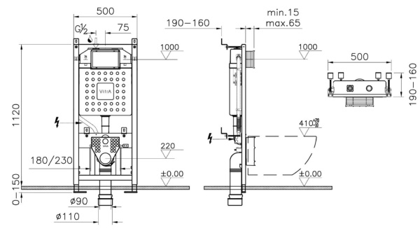 Комплект безободкового унитаза VitrA Metropole, кнопка хром 9820B003-7201