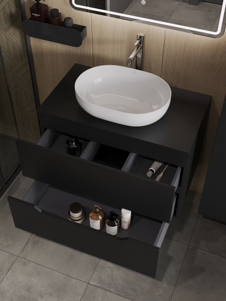 Тумба с раковиной подвесная 80 см, Orange Line Li-80TubMDF+B05-480W черный/белый