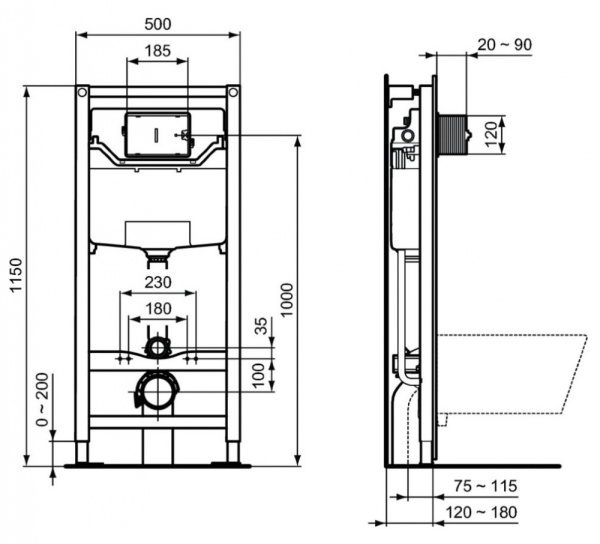 Комплект инсталляция + унитаз Ideal Standard Prosys Frame 120 M с унитазом Tesi AquaBlade T0079V15SW