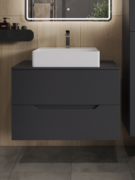 Тумба с раковиной подвесная 80 см, Orange Line Li-80TugMDF+B04-500W графит/белый